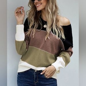 Black & Brown Color-Block Boatneck Sweater